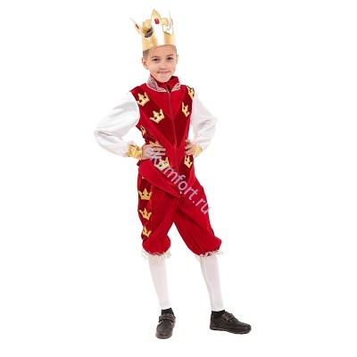 Карнавальный костюм «Король с коронами» В комплект входят: корона, куртка на подкладке, брюки с гольфами. 
Материал: велюр, подкладка, бифлекс
Рассчитан на рост: 122-128 см
Артикул ДК34