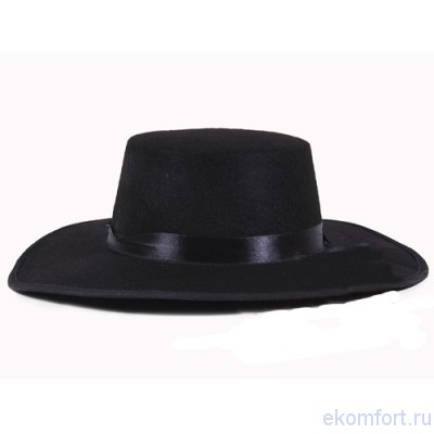 Шляпа Зорро Шляпа украшена черной лентой и каймой.
В наличии разные цвета.
Размер: диаметр - 20 см
Вес: 75гр.