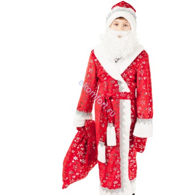 Карнавальный костюм Дед Мороз дет.  В комплект входят :шуба, шапка, варежки, борода, пояс, мешок.
Размеры: 34, 38
Артикул: 920 к-17​