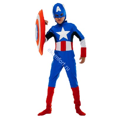 Костюм &quot;Капитан Америка&quot; на мальчика ​В комплект входят: щит, маска и комбинезон
Материал: бифлекс
Рассчитан на рост: 122-128 см
Артикул: ДС214
