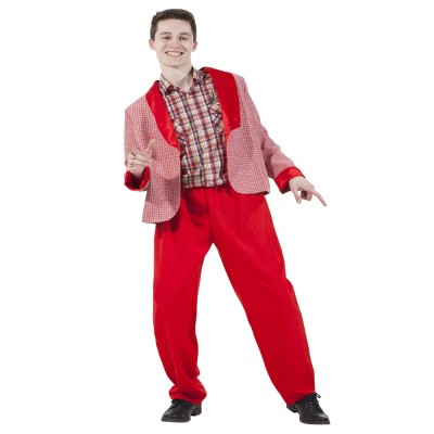 Карнавальный костюм «Стиляга» - красный  В комплект входят: пиджак, штаны
Материал: габардин, креп-сатин
Размеры: 44-46, 48-50, 52-54