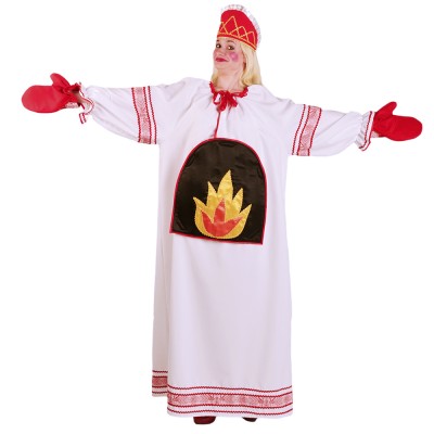 Карнавальный костюм «Печка» взрослый В комплект входят: платье, съемная аппликация (на липучках), кокошник, рукавицы
Материал: габардин, креп-сатин
Размер универсальный, от 42 до 52