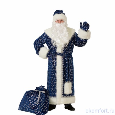 Костюм Деда Мороза синий Комплектация состоит из: шубы, украшенной белыми маленькими снежинками, мешка такой же расцветки, шапки, синего пояса, варежек, а так же бороды.
Размер: 54-56
Артикул: 184-1
