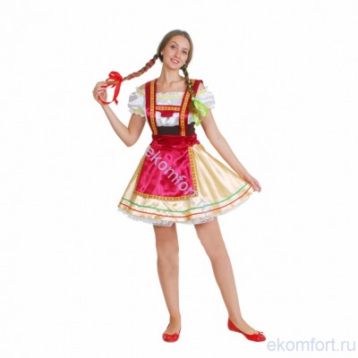 Карнавальный костюм Баварский женский  В комплект входят: блуза, юбка
Ткань: атлас, трикотаж
Размер: 42-44, 46-48​
Цвет юбки может быть зелёный или жёлтый
Производство: Украина
