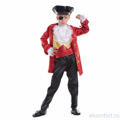 Костюм Капитан пиратов детский  Карнавальный костюм "Капитан пиратов" Комплектность: шляпа, камзол, штаны, обувь, наглазник, жилет, жабо и пояс. Материал: атлас, парча Рассчитан на рост от 130 до 140 см.
Производство: Украина
