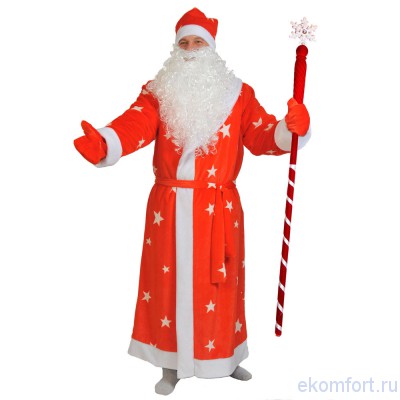 Новогодний костюм Деда Мороза красный плюш В комплект костюма входят: шуба, шапка, варежки, борода, пояс, мешок
Материал: плюш
Размеры: 56-58