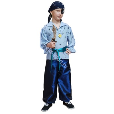 Костюм Пират Джон Комплектность: бандана, наглазник, серьга, рубашка, штаны, кинжал.