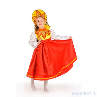 Карнавальный костюм &quot;Красно солнышко&quot; Карнавальный костюм "Красно солнышко"
В костюм входит: платье и головной убор.
Материалы: пайетка, атлас, лазер.
Размеры: 110-125 см
Производство:Украина