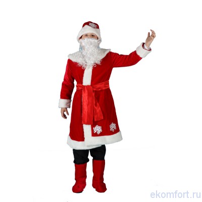 Костюм &quot;Дед Мороз&quot;, детский 

В комплект костюма Деда Мороза входит шапка, борода, шуба и имитация обуви.
Костюм выполнен из материалов: велюр, мех.

Рост: 120-140
