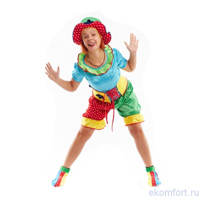Карнавальный костюм Клоунесса Жу-Жу Карнавальный костюм Клоунесса Жу-Жу артикул: msk-527
 Комплектность: кофта, шорты, корсет, шляпа, имитация обуви. Ткань: атлас.

Производство: Украина