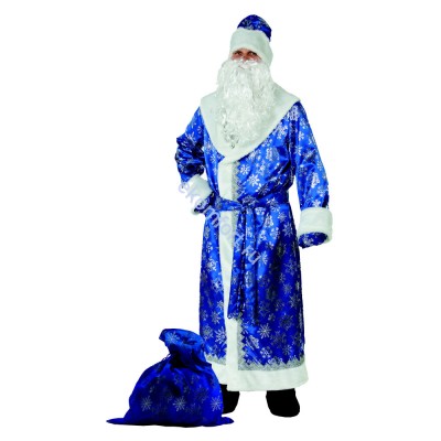 Карнавальный костюм Дед Мороз сатин синий Комплектность: шуба, шапка, варежки, пояс, борода, парик, мешок
Размер: 54-56
Артикул: 188-1