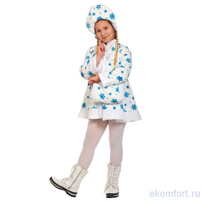 Карнавальный детский костюм Снегурочки белый В комплект костюма входят: шубка, кокошник с косами, муфта
Материал: плюш
Размеры: 32-34