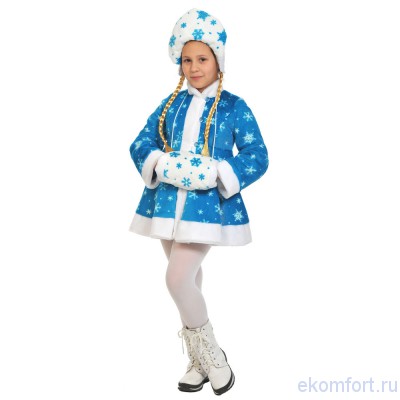 Новогодний костюм Снегурочки детский бирюза В комплект костюма входят: шубка, кокошник с косами, муфта
Материал: плюш
Размеры: 32-34