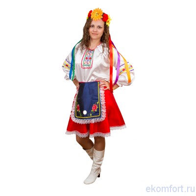 Национальный костюм &quot;Украинка&quot;, арт. td157 В комплект входят: венок, блуза, юбка, фартук
Материал: текстиль
Размеры: 42, 48

Примечание: 48 дороже
