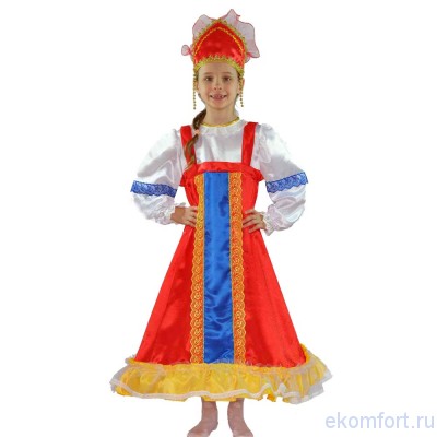 Русский народный костюм на девочку В комплект входят: блуза, сарафан, украшенный отделкой, и кокошник
Рассчитан на рост: 116-122 | 122-128 | 128-134 см
