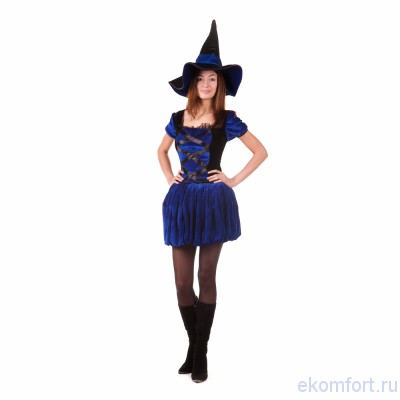 Костюм &quot;Ведьмочка в синем&quot; Костюм включает в себя: платье, шляпа.
Выполнен из материалов: велюр, атлас.
Размер 44