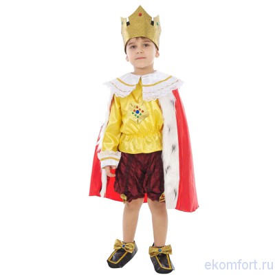 Карнавальный костюм Король В комплект входят: корона, рубашка, мантия, штанишки, медальон
Размеры: 104, 110, 116, 122, 128, 134