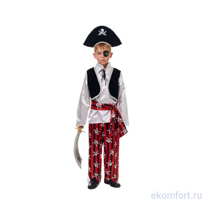 Костюм &quot;Пират&quot; Карнавальный костюм "Пират" Мальчик Джимми Хокинс был очень хороший юный джентльмен. Но не мечтал ли и он о романтической участи морского разбойника, разыскателя сокровищ и потопителя испанских каравелл, открывателя новых океанов. И Питер Пен втайне засматривался на шляпу капитана Крюка. Треуголка с Весёлым Роджером, завязанный глаз, драные штаны – и мальчуган чувствует в сердце отвагу, а щёки его румянятся от карибских ветров. Пиратский костюм праздником сделает любой день в году – день рождения и Новый год, и даже пресловутое первое сентября… если, конечно, его тогда разрешат надеть. А уж когда разрешат – абордаж! И парусники бешеного детского оптимизма рассекают море счастья.
Производство: Россия