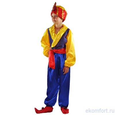 Карнавальный костюм «Восточный принц» В комплект входят: жилет с вшитой рубахой, шаровары, пояс, чалма, тапочки
Рассчитан на рост: 110-116 | 116-122 | 122-128 см