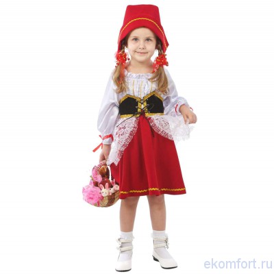Карнавальный костюм &quot;Красная шапочка&quot; В комплект входят: шапочка, блуза, юбка, пояс-корсет с верхней юбкой
Размеры: 110, 116, 122, 128, 134, 140