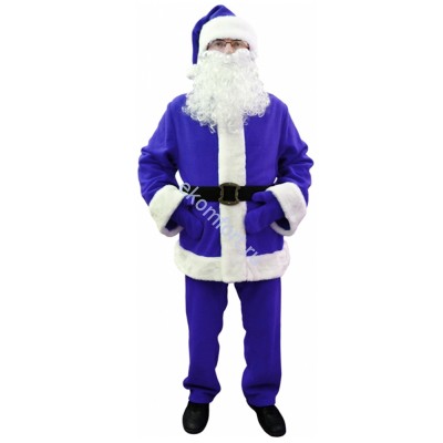 Костюм на Новый год «Санта Клаус» синий В комплект входят: куртка, брюки, колпак, варежки, имитация-ремень, борода
Материал: флис, искусственный мех, 100% ПЭ
Цвет: красный и синий
Размеры: 44-46, 48-50, 52-54, 56-58, 60-62
Артикул: 27-77-016