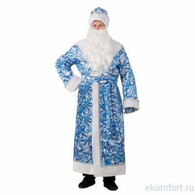 Костюм &quot;Сказочный Дед Мороз&quot; Новогодний костюм Деда Мороза, сшит из текстиля синего цвета, и украшен разнообразными серебряно-белыми узорами.
Размер: 54-56.