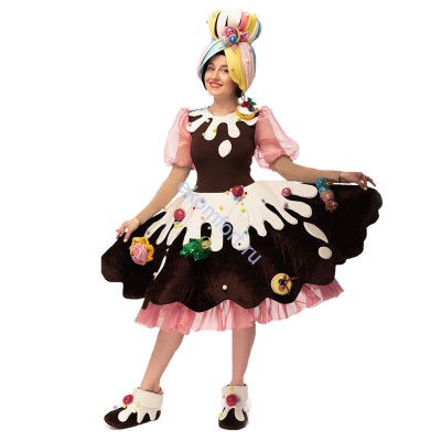 Карнавальный костюм «Шоко-Леди»  В комплект входят: платье с кринолином, головной убор, имитация обуви
Материал:  велюр, органза, трикотаж, синтепон, поролон
Размер: 44-48
Артикул: ВЖ359
