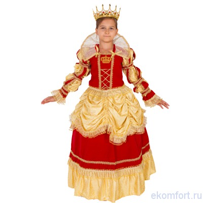 Костюм &quot;Королева золотая&quot; Карнавальный костюм "Королева золотая" Материал: бархат, парча  Комплект: корсет, юбка, подъюбник, корона Размеры: 30,34.
Производство: Россия