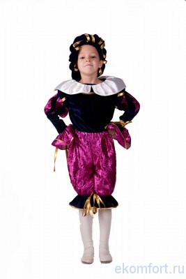 Карнавальный костюм &quot;Принц фиолетовый&quot;  Карнавальный костюм "Принц" детский Комплектность: камзол, шорты, берет Материал: атлас, парча, велюр Рассчитан на рост от 100 до 130 см.
Производство: Украина
