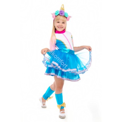 Карнавальный костюм Кукла «Единорожка Unicorn» для детей Комплектность: Юбка с декоративным поясом, кофточка, головной убор, гетры.