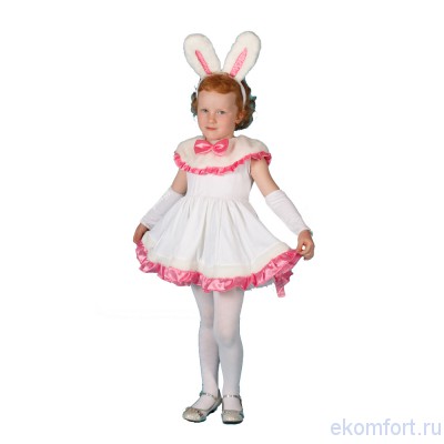 Карнавальный костюм Зайка-малышка Карнавальный костюм Зайка-малышка.
Комплектность: платье, нарукавники, ободок с ушками.
Ткань: велюр, вельбо, атлас.
Размер: на рост от 90 до 110 см
Производство: Украина