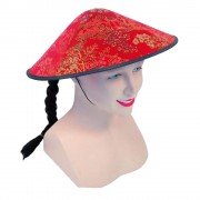 Головной убор "Шляпа китайская красная с косичкой"