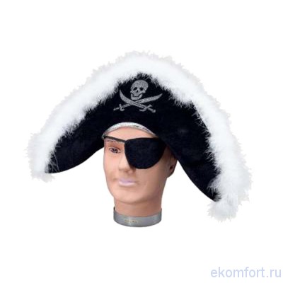 Карнавальный набор  &quot;Шляпа пирата с опушкой +  повязка на глаз&quot; Размер: 56
Комплектность: шляпа, повязка на глаз
Цвет: 	Черный, белый
Материал:	Ткань(ПЭ 100%), поролон
Производитель: Европа 