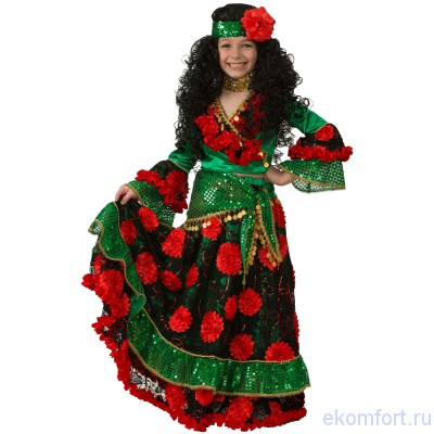 Костюм &quot;Цыганочка-гадалочка&quot; зеленый Маскарадный костюм "Цыганка-гадалка" сшит из текстильных тканей, в красно-зелёной цветовой гамме. Размер: 28, 30, 32, 34, 36