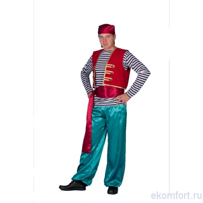 Костюм &quot;Пират люкс&quot;. Карнавальный костюм "Пират люкс". Комплектность: тельняшка, штаны, пояс, бандана, жилет с черепом.
Производство: Россия.