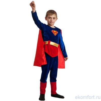 Костюм Супермен, арт. td339 Костюм Супермен детский 
В комплект входят: кофта-плащ, пояс, штаны
Материал: текстиль
Размеры: 30, 34