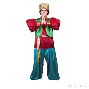 Костюм восточный Али-баба Восточный мужской костюм "Али баба".
Состоит из шароваров, рубахи с жилетом, пояса и чалмы.
Выполнен из атласа.
Размеры: S,M,L,XL,XXL.