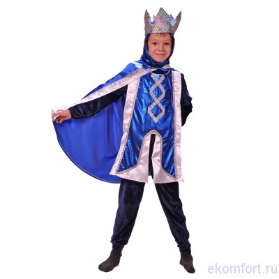 Карнавальный костюм &quot;Король в синем&quot;  В комплект входят: корона, мантия, штаны, рубашка.
Материалы: парча, атлас, велюр.
Размер: 115-125