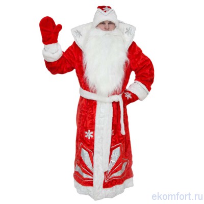 Костюм Дед Мороза (люкс) Костюм Дед Мороза (люкс)​В костюм входит: мех плюш, шуба с узорами из парчи, пояс, шапка, варежки, борода​На рост: 180 см​Размер: 52-54​
