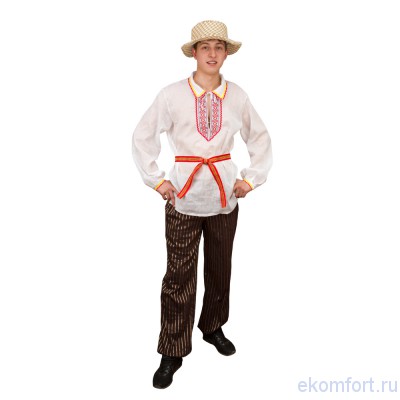 Национальный костюм &quot;Белорус&quot;, арт.td071 Национальный белорусский костюм
В комплект входят: штаны, шляпа, пояс и рубаха
Материал: текстиль
Размеры: 42, 48