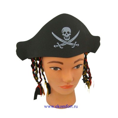 Головной убор &quot;Шляпа пирата с косичками&quot; Размер: 48
Цвет: Черный
Материал: 	ПВХ
Производитель:Китай 