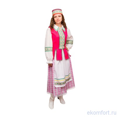Национальный костюм &quot;Белоруска&quot;, арт.td073 В комплект входят: жилет, блузка, фартук, юбка, головной убор
Материал: текстиль
Размеры: 42, 46, 48