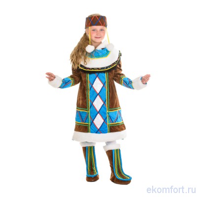 Карнавальный костюм &quot;Эскимоска&quot;  Карнавальный костюм "Эскимоска" артикул: msk-508
 Комплектность: платье, сапоги, головной убор. Ткань: мех, замша, лак.
 Размеры: 130-140 см
Производство: Украина
