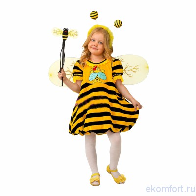 Костюм пчелы детский Комплектация: платье, ободок-усики, набор из палочки и крыльев.
Размеры: 26, 28, 30