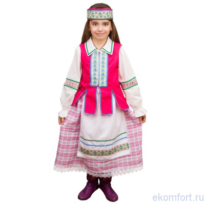 Национальный костюм &quot;Белорусская девочка&quot;, арт.td074 В комплект входят: блузка, юбка, фартук, жилет, головной убор
Материал: текстиль
Размеры: 30, 34, 38