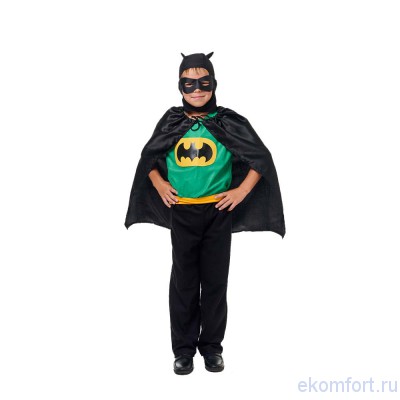 Карнавальный костюм &quot;Бэтмен люкс&quot; Карнавальный костюм "Бэтмен люкс"
Комплектность костюма: шапка, маска, безрукавка, пояс, плащ, брюки
Ткань:  трикотаж
Вес:  0.3 кг
Рост, возраст, размер:  122-134 см, 5-7 лет, (30-34)
Производитель:  Россия
