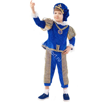 Карнавальный костюм «Принц» детский  В комплект входят: синий камзол, брюки, берет и накладки на обувь.
Материал: сатин
Размер: 28, 30, 32, 34
Артикул: 2089 к-20