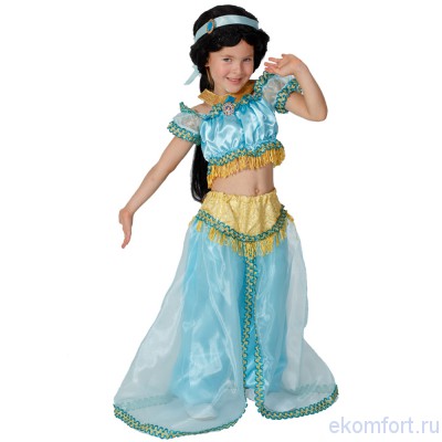 Карнавальный костюм &quot;Принцесса Жасмин&quot; Карнавальный костюм Принцесса Жасмин из фильма "Аладдин".
В комплект входит:топ, шаровары, башмачки, брошь-3ш, парик, ожерелье, повязка.
Размер: 36
