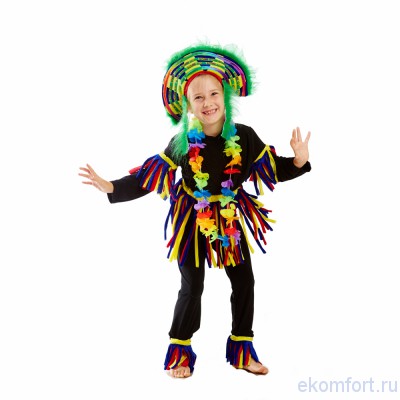 Карнавальный костюм &quot;Папуасик&quot; Карнавальный костюм "Папуасик"
Комплектность: головной убор, штаны, кофта, юбка, накладки на руки и ноги, цветочное ожерелье.
Ткань: масло, велюр.
Рост: 115-125 см
Производитель:  Украина