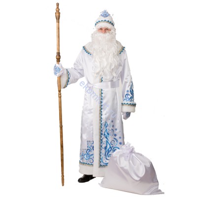 Костюм Дед Мороз сатин белый  Комплектность: шуба, шапка, пояс, варежки, борода, мешок.